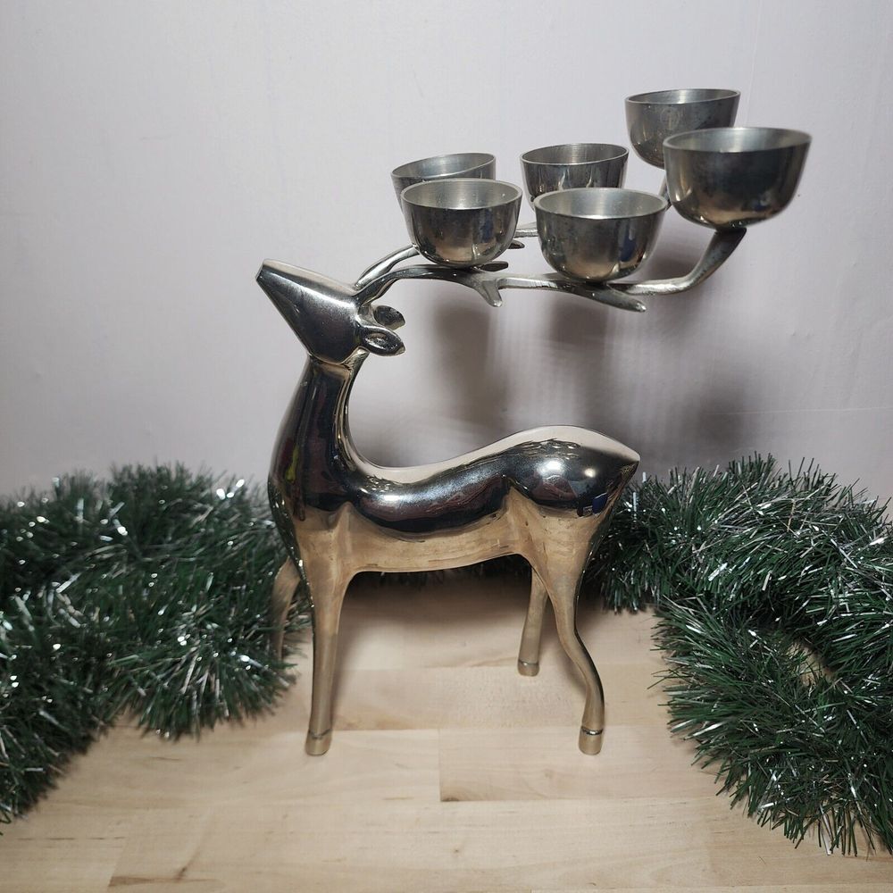 Vintage Pottery Barn Style Silver Metal Deer Votive Candelabra Solid Heavy 12.25